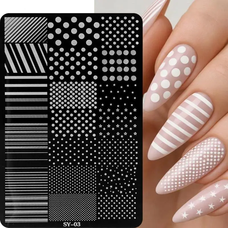 【B】3D Cute Dotting & Strip Lines Nail Art Stamping Plate Stainless Steel Straight Line French Nail Template Print Nail Tools