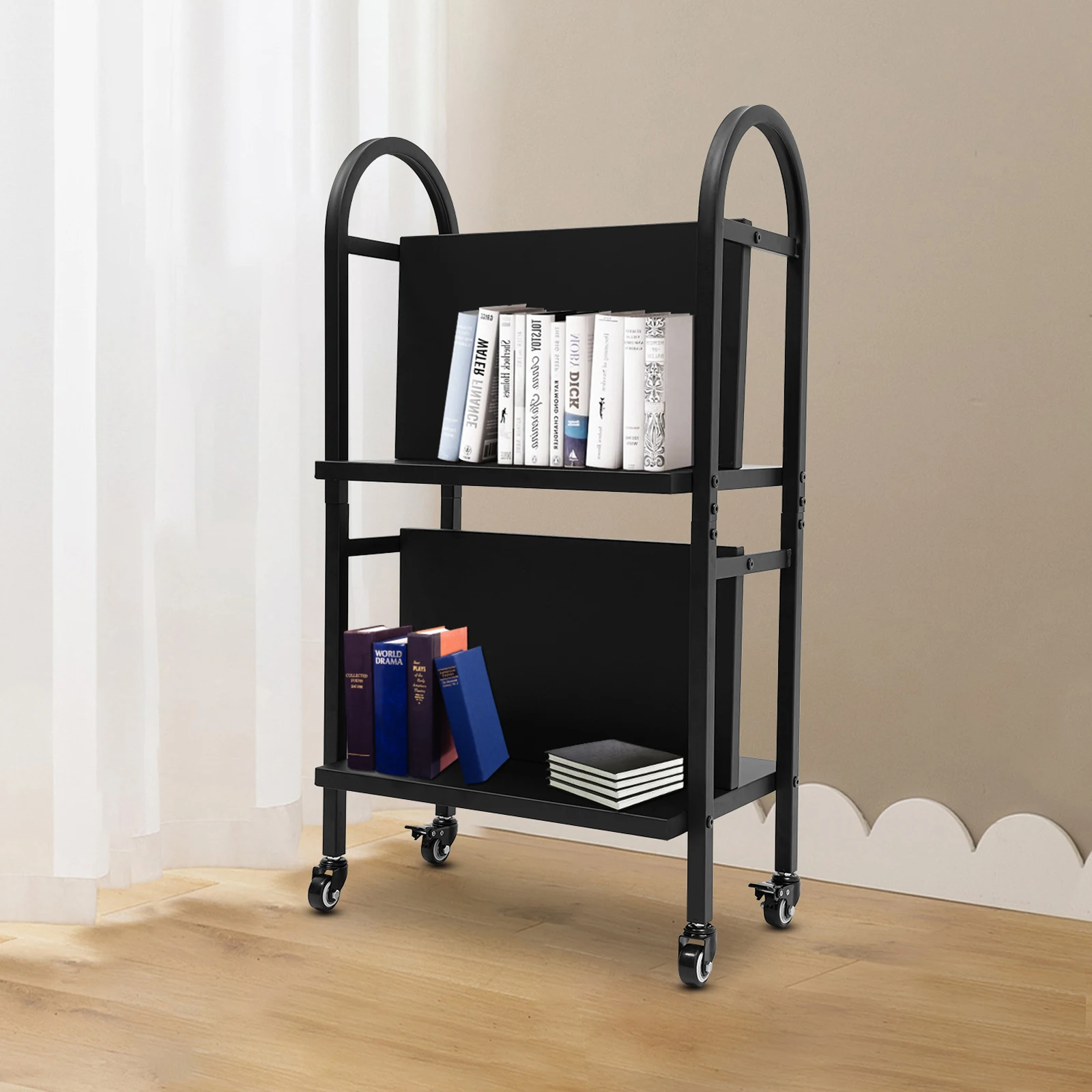 2 Tiers Rolling Office Book Cart Library Trolley with 4 Casters Double Sided Carbon Steel Mobile Bookshelf