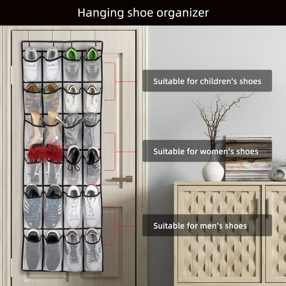 Over Door Shoe Organizer with 24 Mesh Pockets, Hanging Shoe Rack for Closet, Bathroom, Dorm, Adjustable Hooks, White view 6