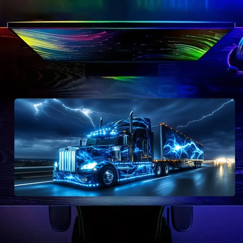 Blue and Black Lightning Truck Pattern Mouse Pad for Office and Gamer HD Printing Rubber Non-Slip Washable Mechanical Keyboard