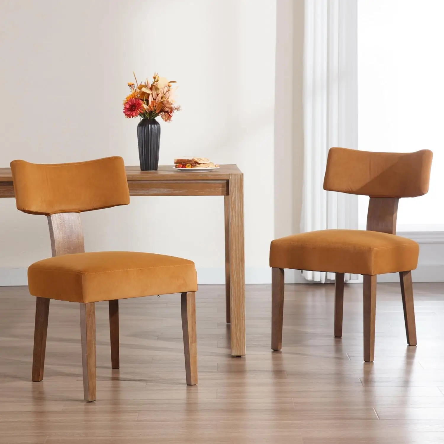 Ensemble de 6 chaises de salle à manger modernes, chaises d'appoint rembourrées confortables avec pieds en bois, chaises de salle à manger en tissu velours avec dossier à oreilles incurvé