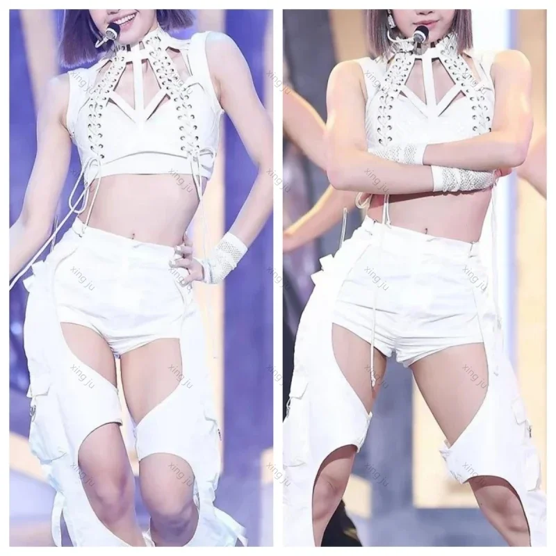 

Kpop Korean Singer Cosplay Costumes White Hollow Out Halter Vest Denim Tops Loose High Waist Straight Jeans Women Stage Outfits