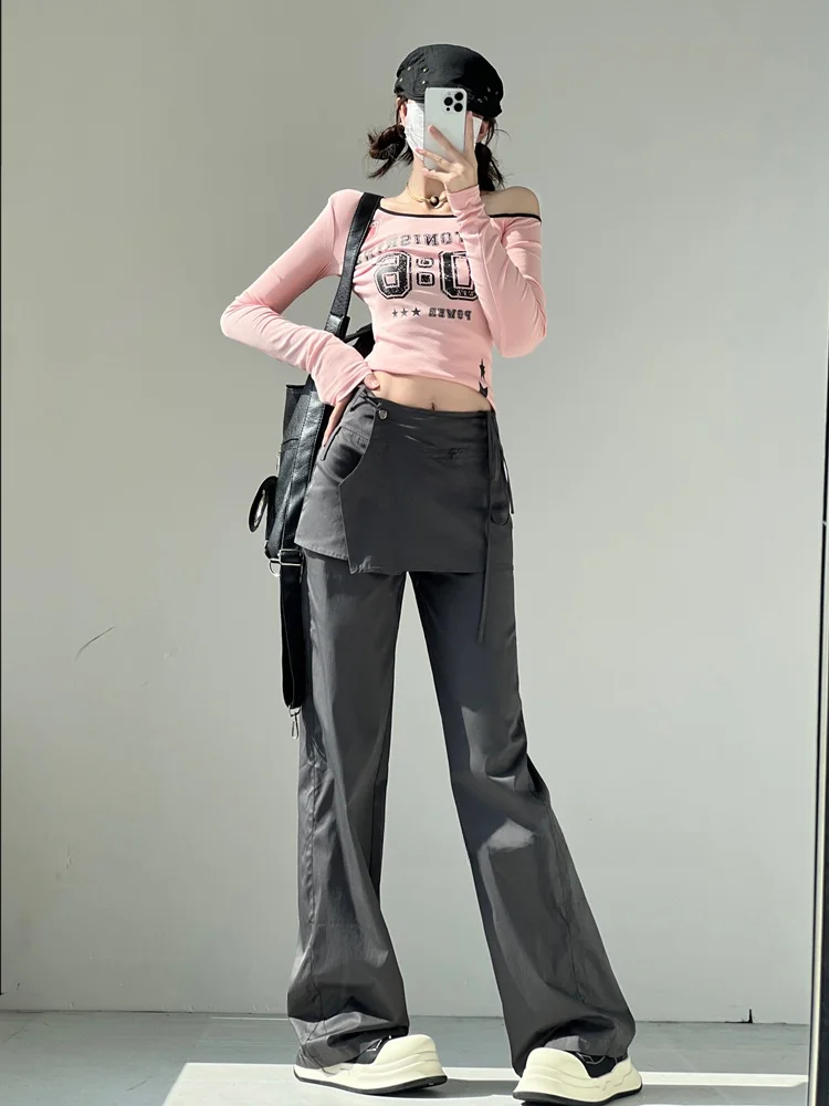 ストリートスタイル ハイウエスト ワイドレッグパンツ アシンメトリーヘム ガールズ風 フェイクツーピース スカートパンツ カジュアルパンツ レディース