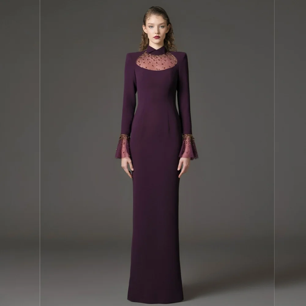 맞춤형 글리터 하이 칼라 긴 소매 트럼펫 플로어 길이 맞춤 제작 특별한 날 매력적인 정장 이브닝 드레스 우아한 파티