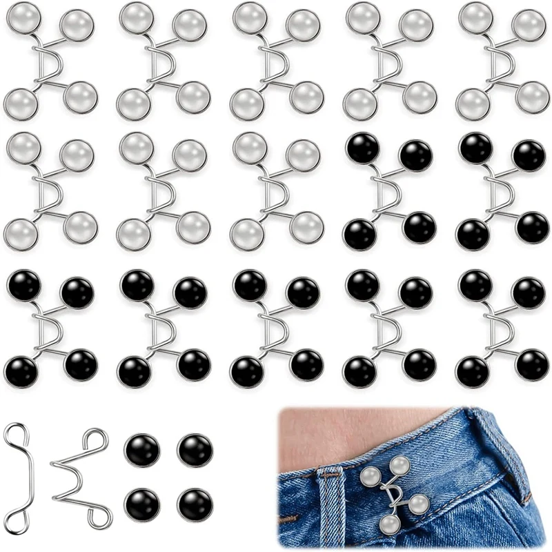 16 Pack Pants Waist Tightener Jean Button Pins Pants Clips Adjustable Waist With Metal Buttons (White & Black)