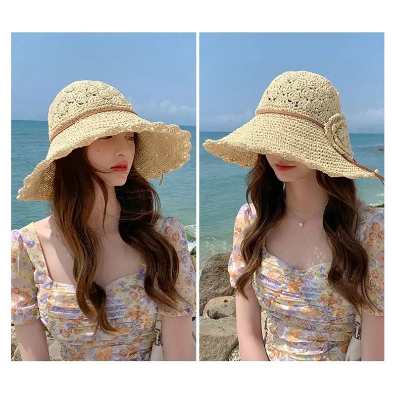 المرأة الصيف قبعة القش الشاطئ طوي حماية الشمس واسعة حافة قبعة الشمس Bowknot الزهور الشريط بنما في الهواء الطلق لينة أغطية الرأس