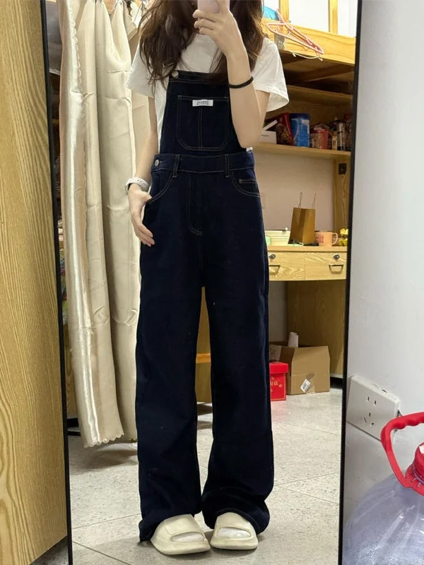 

Trendy Denim Overalls Women's Loose Wide Leg Pants Spring Summer New Style Small Size Lazy Fashion High Waist Cotton Stretch