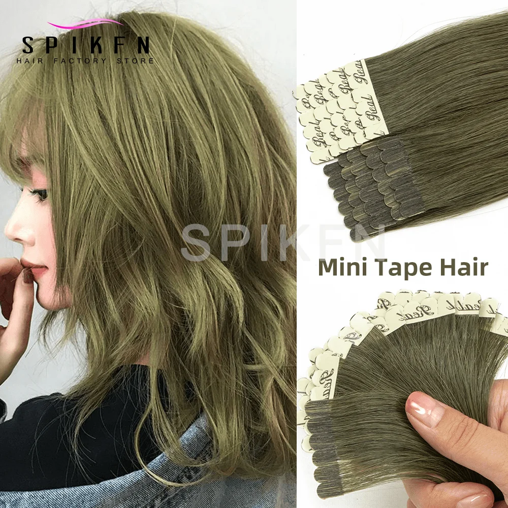 

Mini Tape Hair Extensions 10pcs 12' 16' 20' 24' Remy Human Hair Seamless Glue-On Grass Green Machine-Made Human Hair Extensions