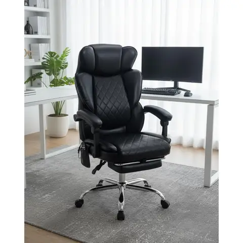 Massagestoel met voetsteun en breder gestoffeerde zitting, ergonomische executive vibratie, grote en hoge verstelbare bureaustoel