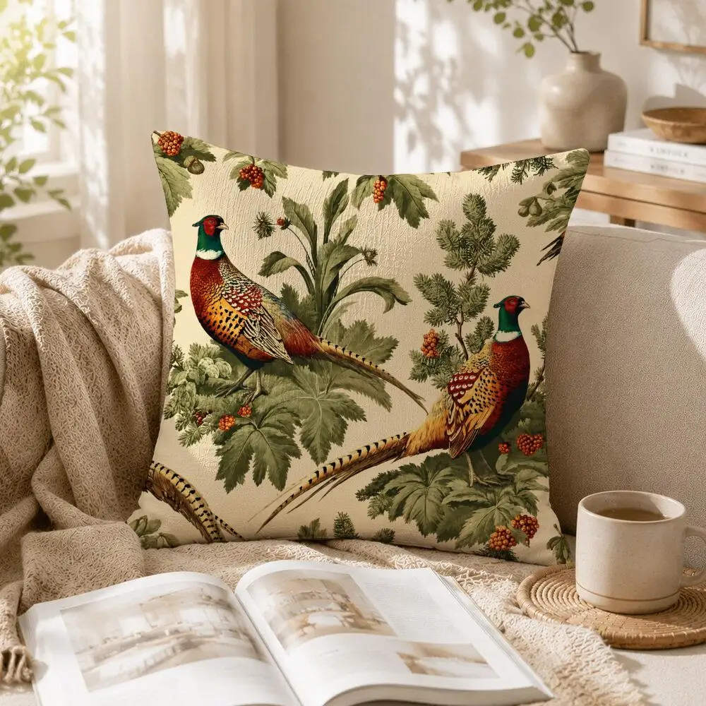 Vintage Pheasant & Foliage Cushion Cover Linen Pillow Cover 40x40cm Decorative Cushion Case Boho Home Sofa Decor Gift
