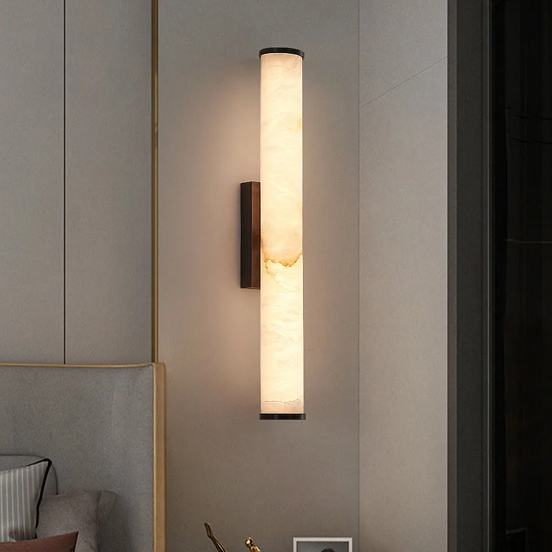 Modern Luxury Cylindrical Marble Wall Lamp Villa Living Room Background Bedroom Bedside High-End Copper Led Indoor Lighting