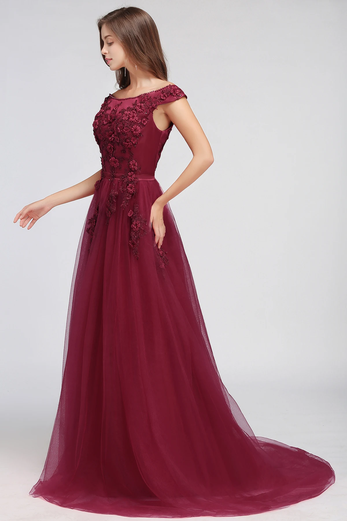 BABYONLINE  Burgundy Evening Dress Off-shoulder Bodice Paddigns 3D Flowers Beading Top  Long Skirt Tulle Formal Party Ball