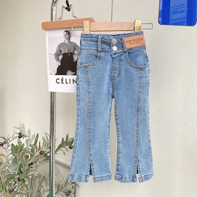 Pantalones de mezclilla acampanados abiertos para niñas, ropa para niños, pantalones vaqueros de corte de bota de algodón de calidad, pantalones