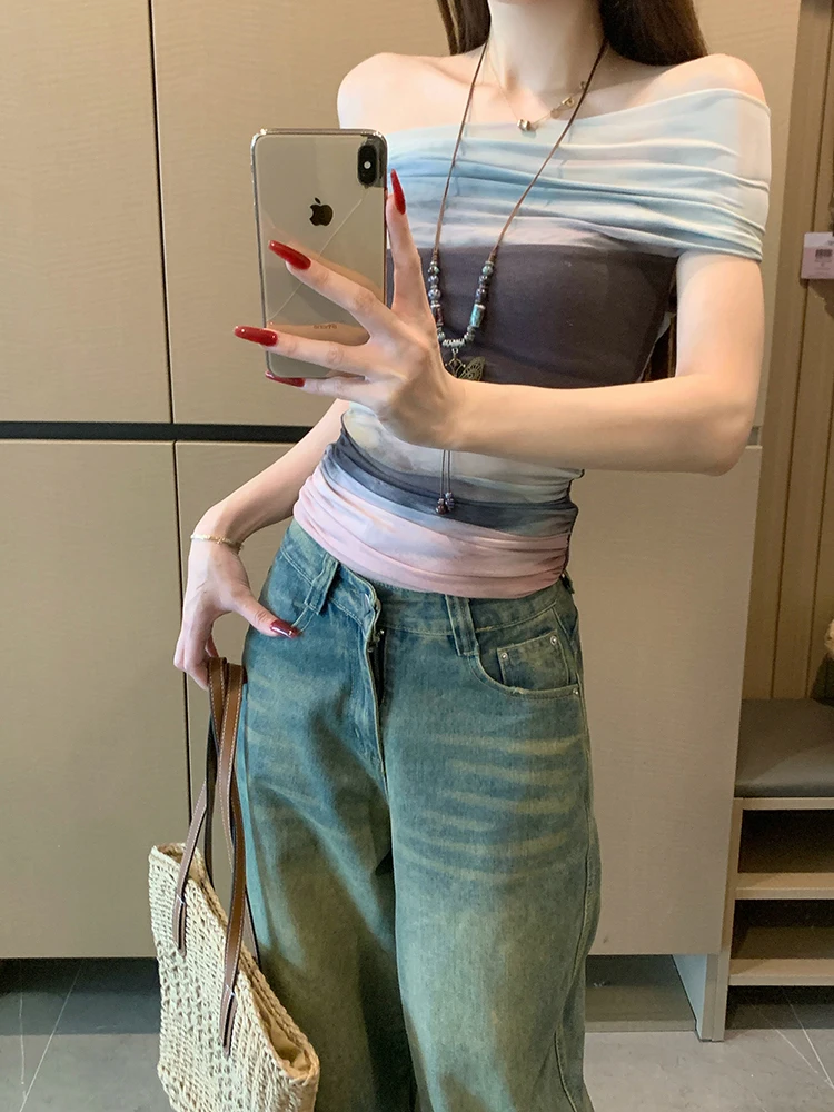 

Лето Slim Fit oulder Bared T irt Женский художественный adient Me Splice ort Sve Top Корейский Sle Commute Faion