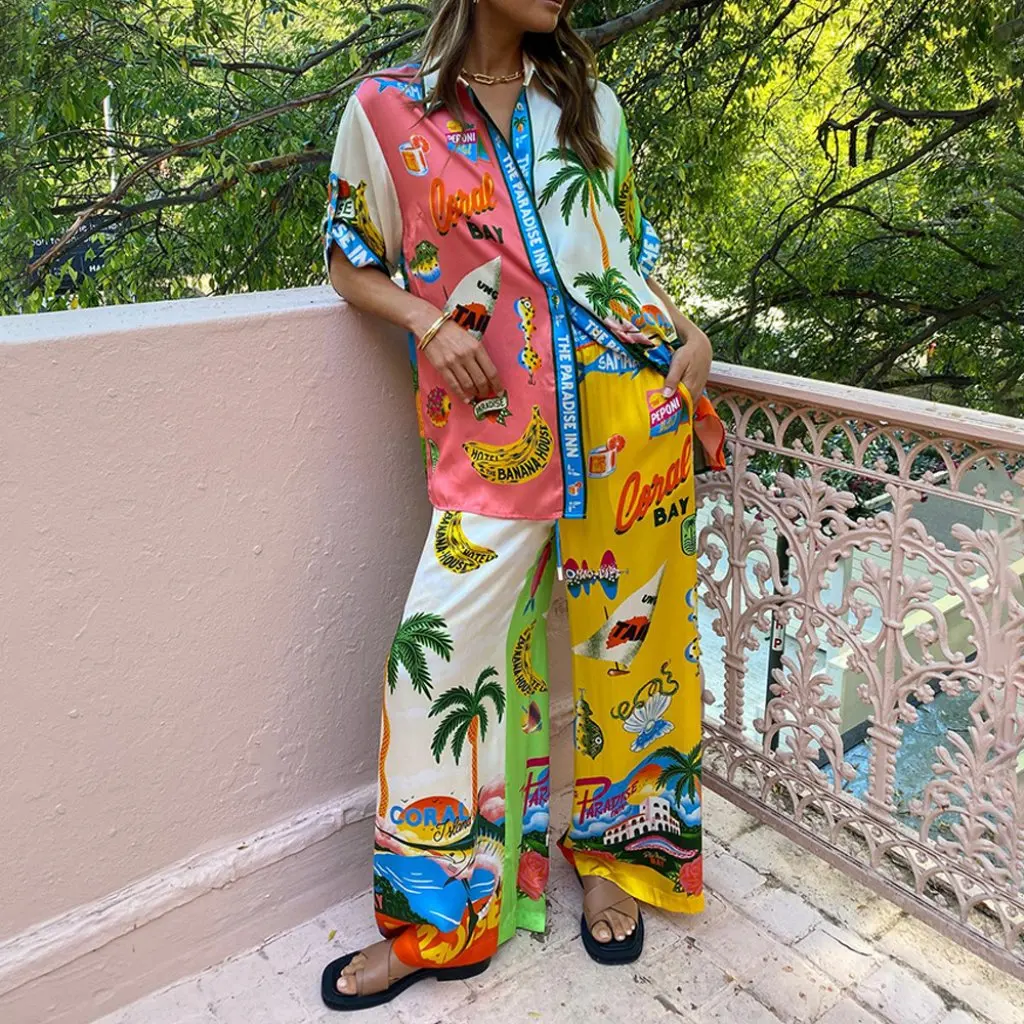 

Summer Women's Casual Printed Two-Piece Set Loose Fit Shirt And Trousers European And American Style Clothing