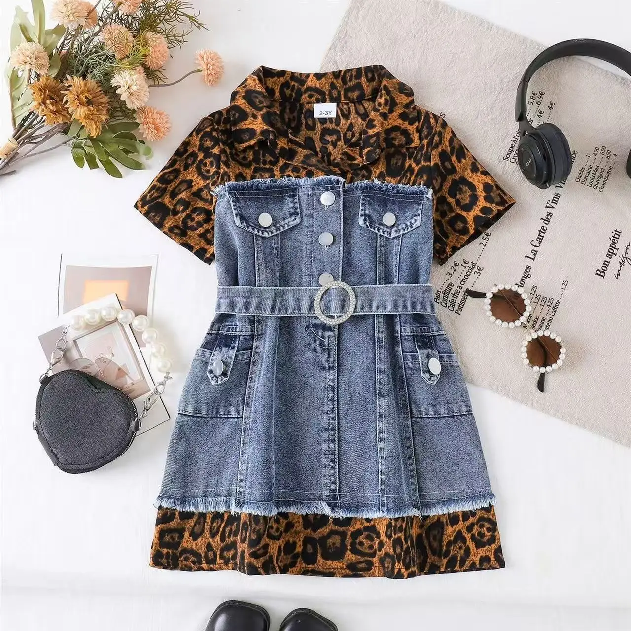 

Girls Summer Leopard Print Denim Patchwork Dress Vintage Fashion Casual Kids Sundress for 2-7Y