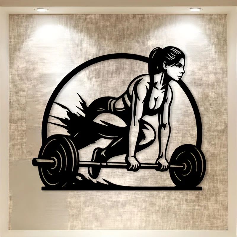Fitness Woman Barbell Metal Wall Art Iron Gym Sculpture Home Studio Hanging Mural Athlete Christmas Halloween Decor Gift