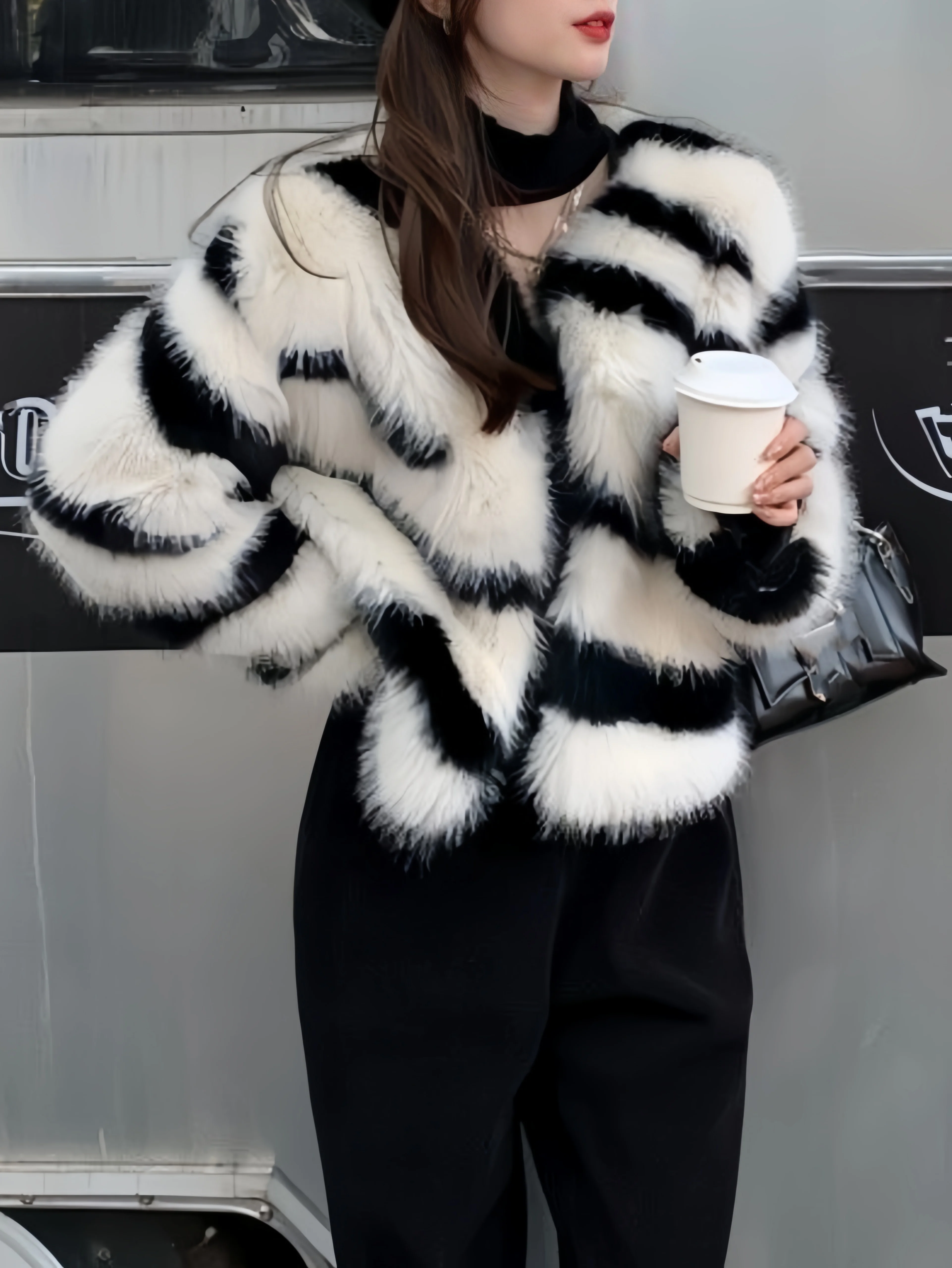 خريف شتاء المرأة قصيرة فو الفراء معاطف موضة أنيقة طويلة الأكمام عادية الحيوان طباعة زيبرا معاطف الإناث خمر عيد الميلاد جديد