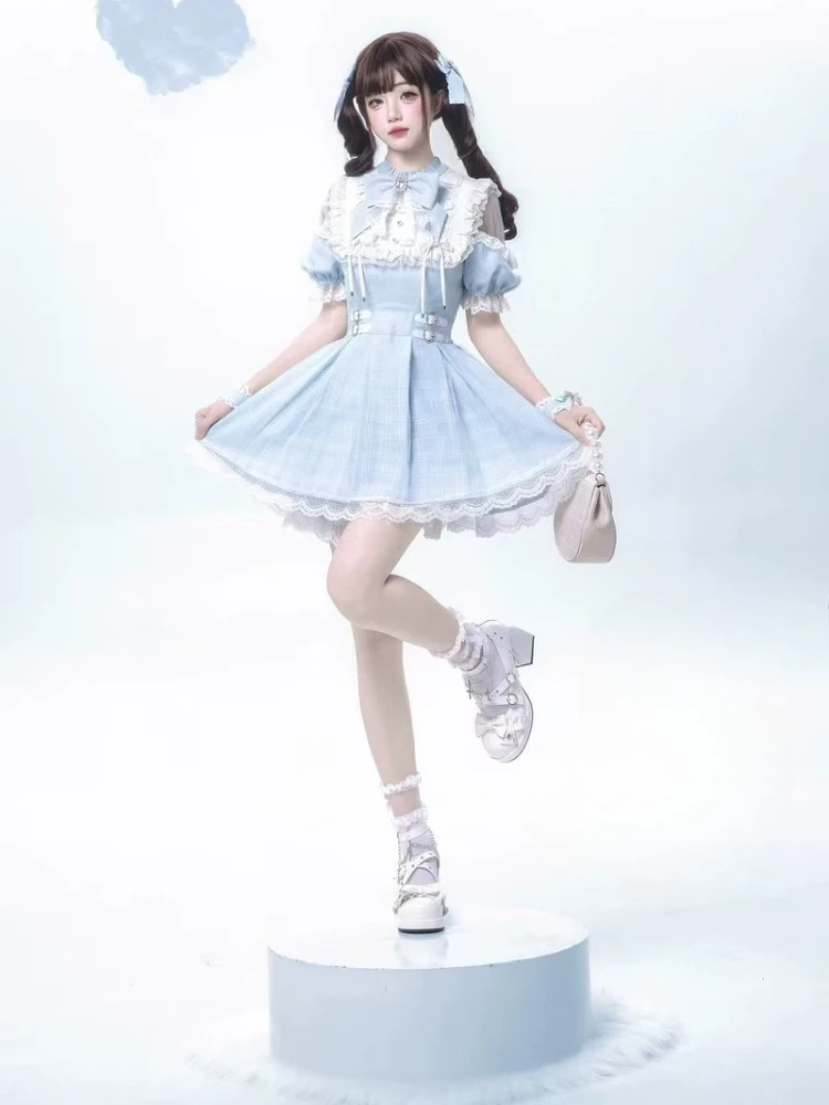 اليابانية الحلو لوليتا القوس فستان مجموعة تي شيرتات قصيرة للأطفال النساء Kawaii الدانتيل الكشكشة قبالة الكتف قمصان مربعة النقش فستان القوطية Y2k سليم فستان الحفلات #6