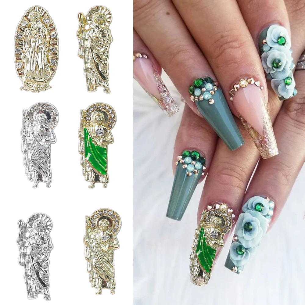 10szt San Judas 3D Nail Charms Green Silver Gold Virgin Mary Nail Art Rhinestones With Bling Diamond Metal Manicure Jewelry