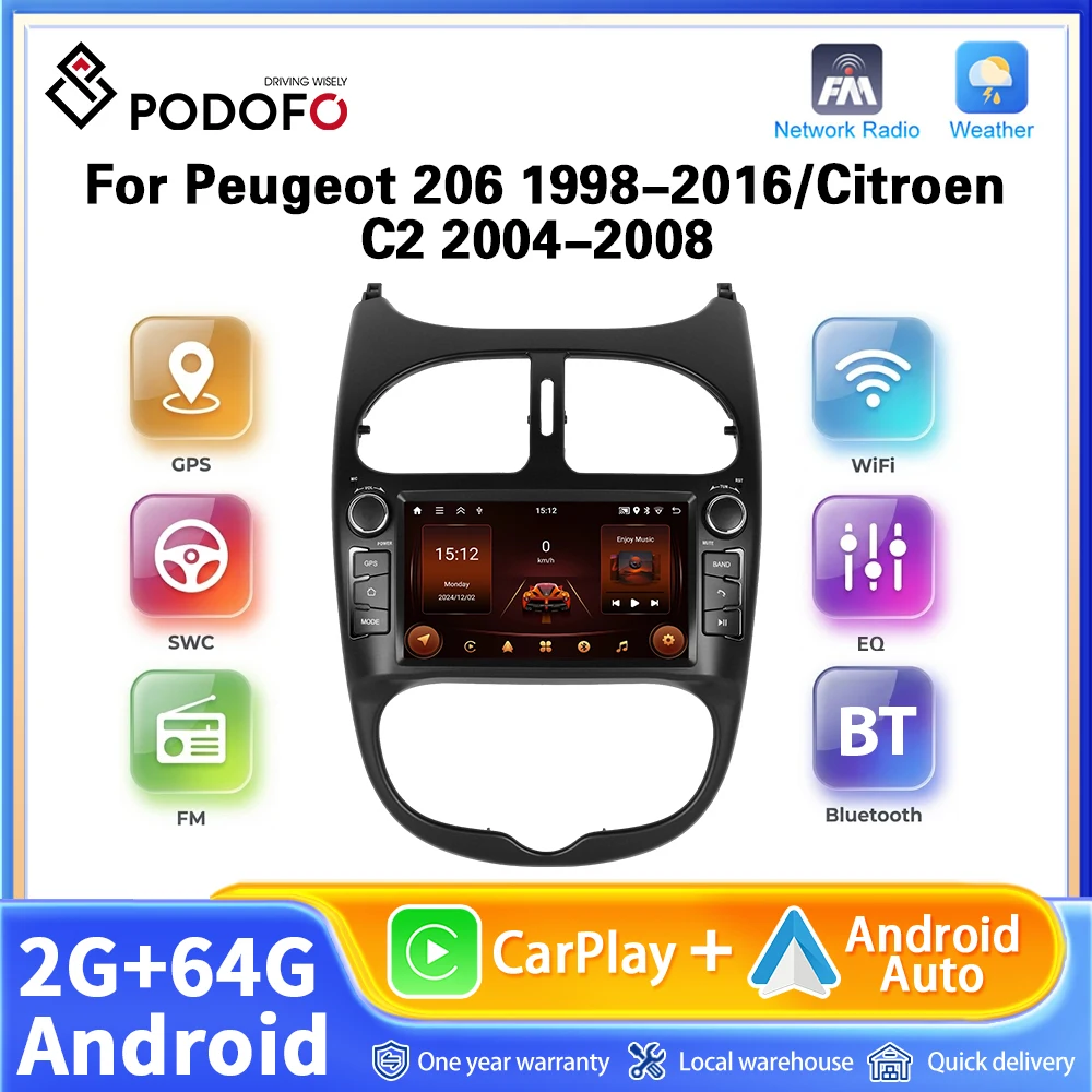 Podofo 7 "2 + 64G Carplay Android Auto Radio pour Peugeot 206 1998-2016 /Citroen C2 2004-2008 voiture multimédia vidéo GPS Wifi lecteur