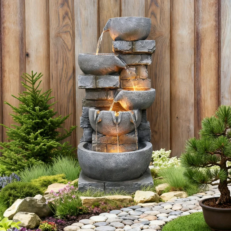 

1 шт. отдельно стоящий садовый фонтан-водопад, 5-ярусные каскадные миски, уличный фонтан со светодиодной подсветкой для садового декора, США