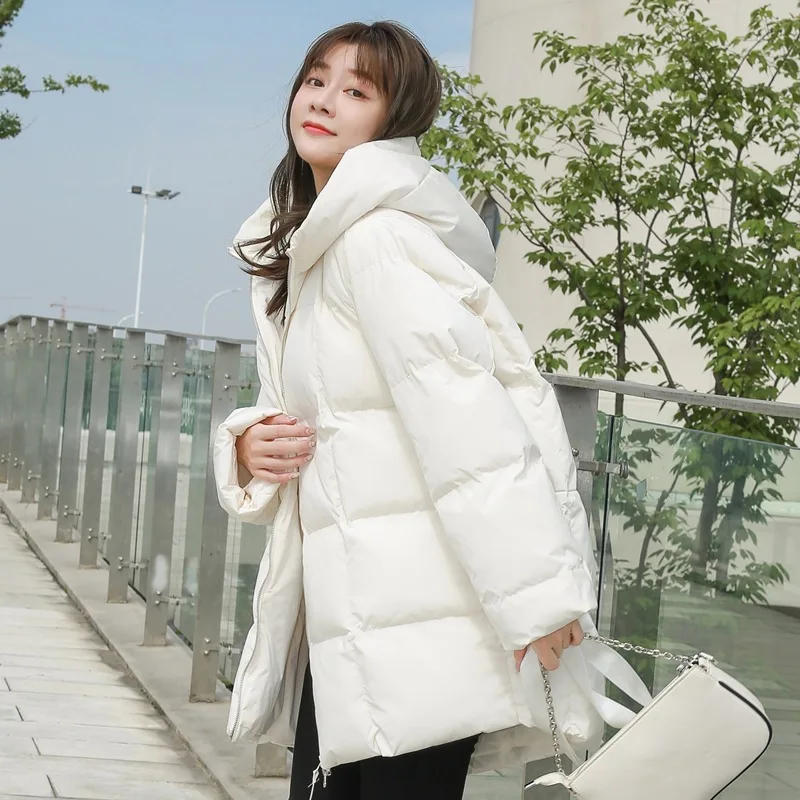 

New Down Cotton Parka Winter Jackets Women black White Zipper 2023 Korean Loose Hooded Bubble Coats Female Simple Basic Outwear