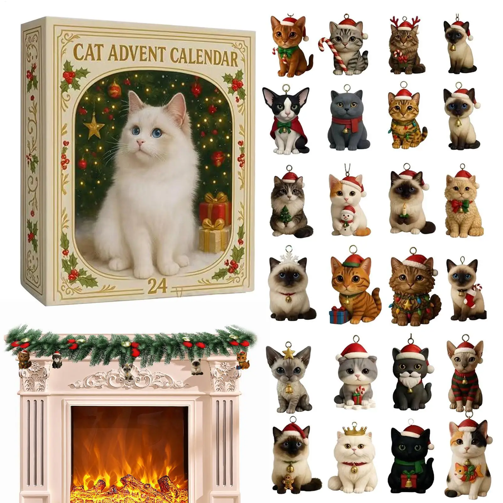 Katzen-Adventskalender 2025, Weihnachts-Countdown-Kalender, 24 Tage, 2D-Acryl-Anhänger für Zuhause, Wand, Weihnachtsbaum-Dekoration, Weihnachtsgeschenk