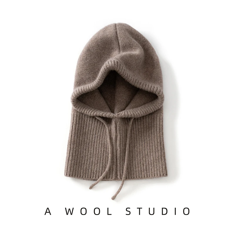 100%Merino Wool Balaclava Hat For Women/Men Outdoor Hooded Drawstring Winter Hats Casual Soft Neck Portection Warm Knitted Caps