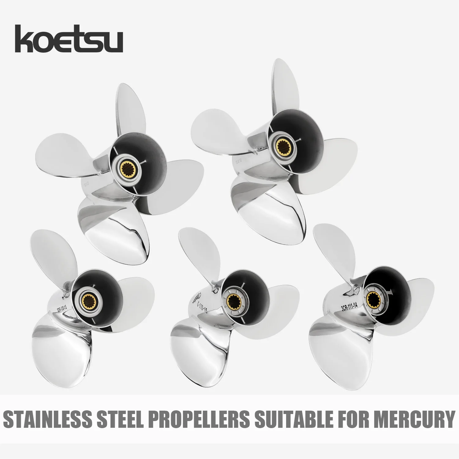 KOETSU Stainless Steel Propellers Suitable for Mercury Outboard Motor Propulsion Systems. Three-Bladed or Four-Bladed Propellers