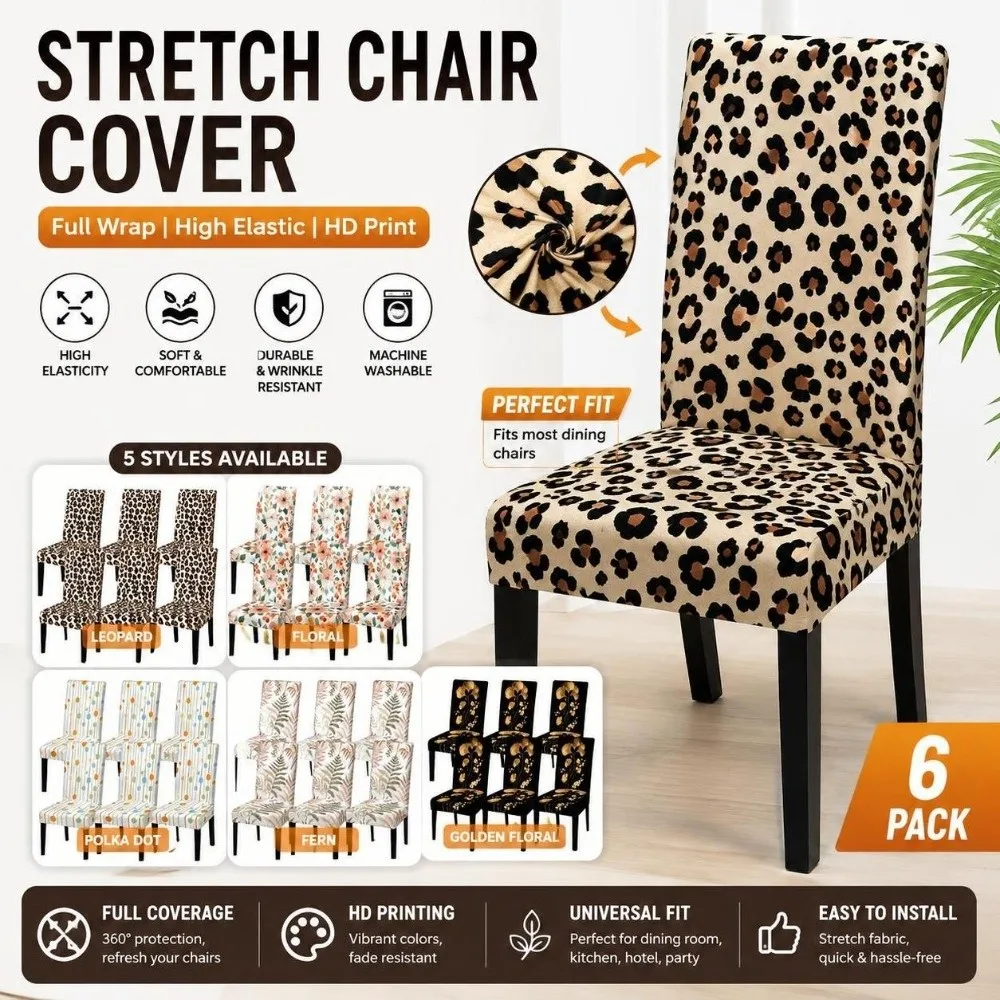 1/6pcs Full Cover Leopard Printed Chair Cover Elastic Non Slip Stretch Chair Cover Washable Floral Dining Chair Cover