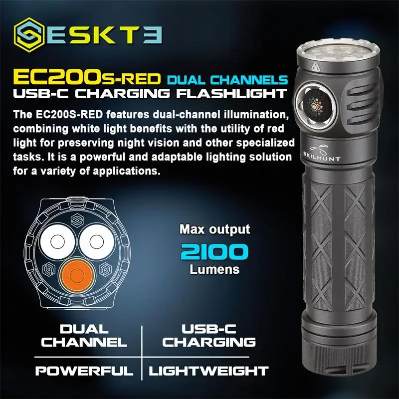 Skilhunt ESKTE EC200S-RED 2100 lumens White and Red beam USB-C Rechargeable Powerful EDC flashlight