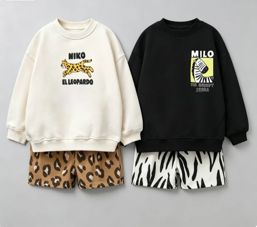 Soft Cotton Versatile Baby Matching Tracksuit Kid Leopard Zebra Cartoon Animal Graphics Set Children Crew Neck Sweatshirt+Pants