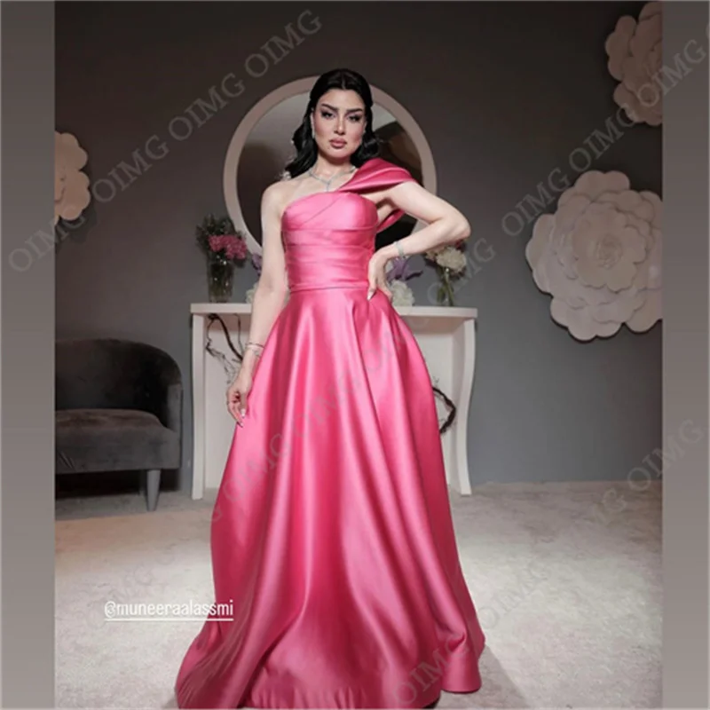 OIMG vestido de noche de un hombro de satén rosa, vestido elegante sin tirantes, Dubai, evento Formal, vestido de graduación, vestidos de fiesta de noche hechos a medida