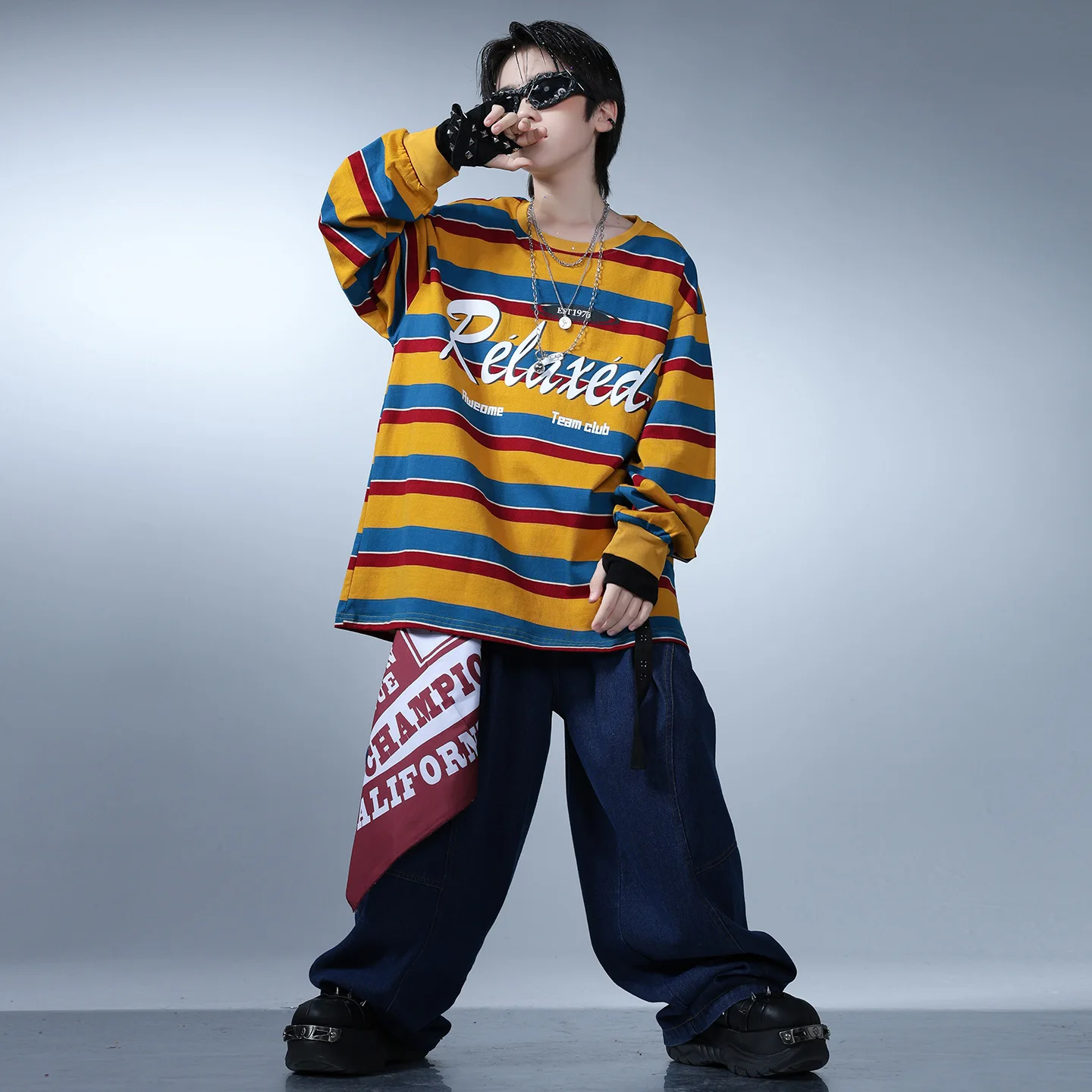 Kid Kpop Hip Hop Kleding Geel Gestreept Sweatshirt Denim Blauwe Brede Jeans Baggy Broek voor Meisje Jongen Street Dance Kostuums Kleding