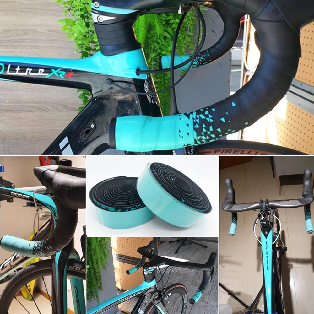 Road Bike Bicycle Bar Tape Handlebar Tapes EVA/PU Soft Anti-Vibration Wrap Bianchi Green Triangular gradient pattern