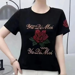 2024 New Summer Commuting Fashion Casual Versatile Short Sleeved Loose Round Neck Patchwork Letters Diamonds Women's T-shirt Top