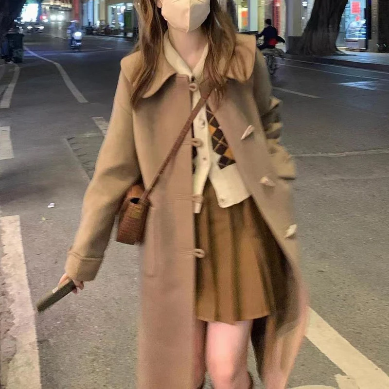 

Autumn Winter Female Chic Button Mid-Long Jacket Women Classic Vintage Baggy Tops Lady Korean Elegant Woolen Blends Coats