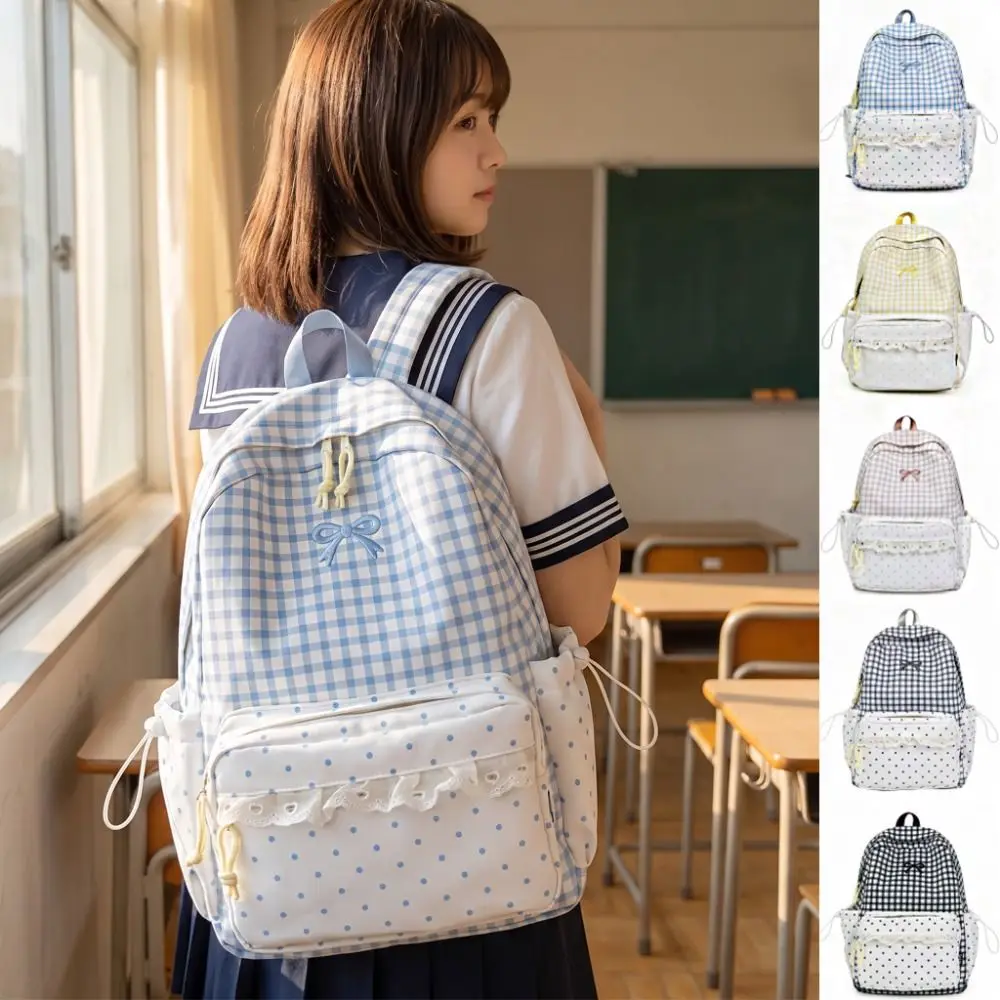 Fashion Sweet Polka Dot Backpack Plaid Bowknot Bow Backpack Lightweight Bow Design Lace Trim Rucksack Gift