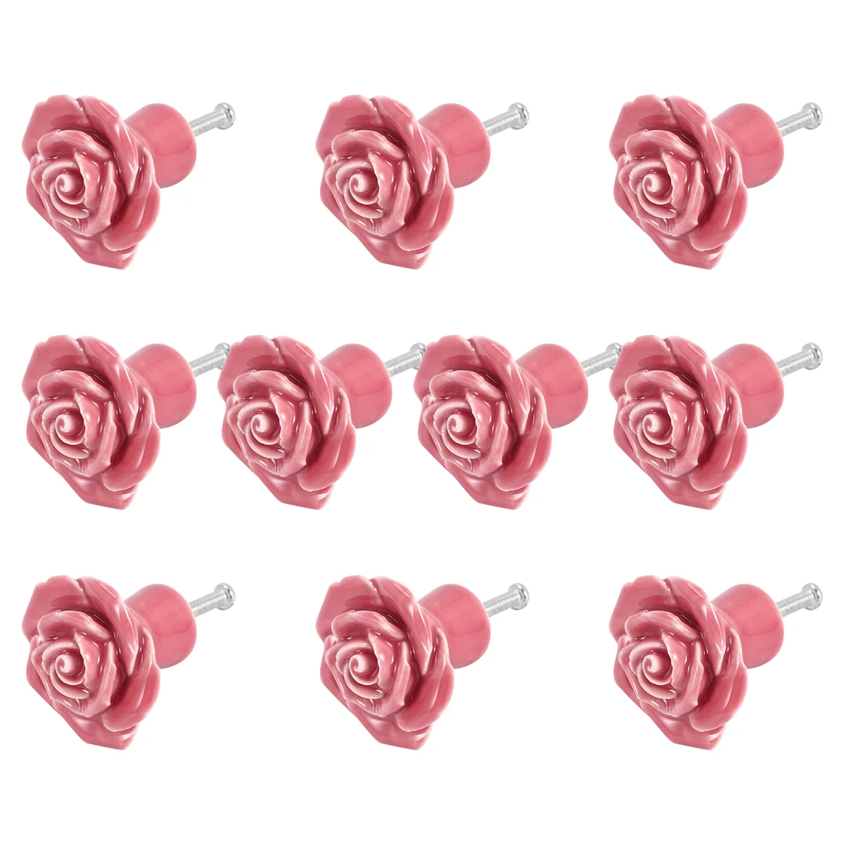 A53I 10 Pcs Ceramic Vintage Floral Rose Flower Door Knobs Handle Drawer Kitchen + Screws (Pink)