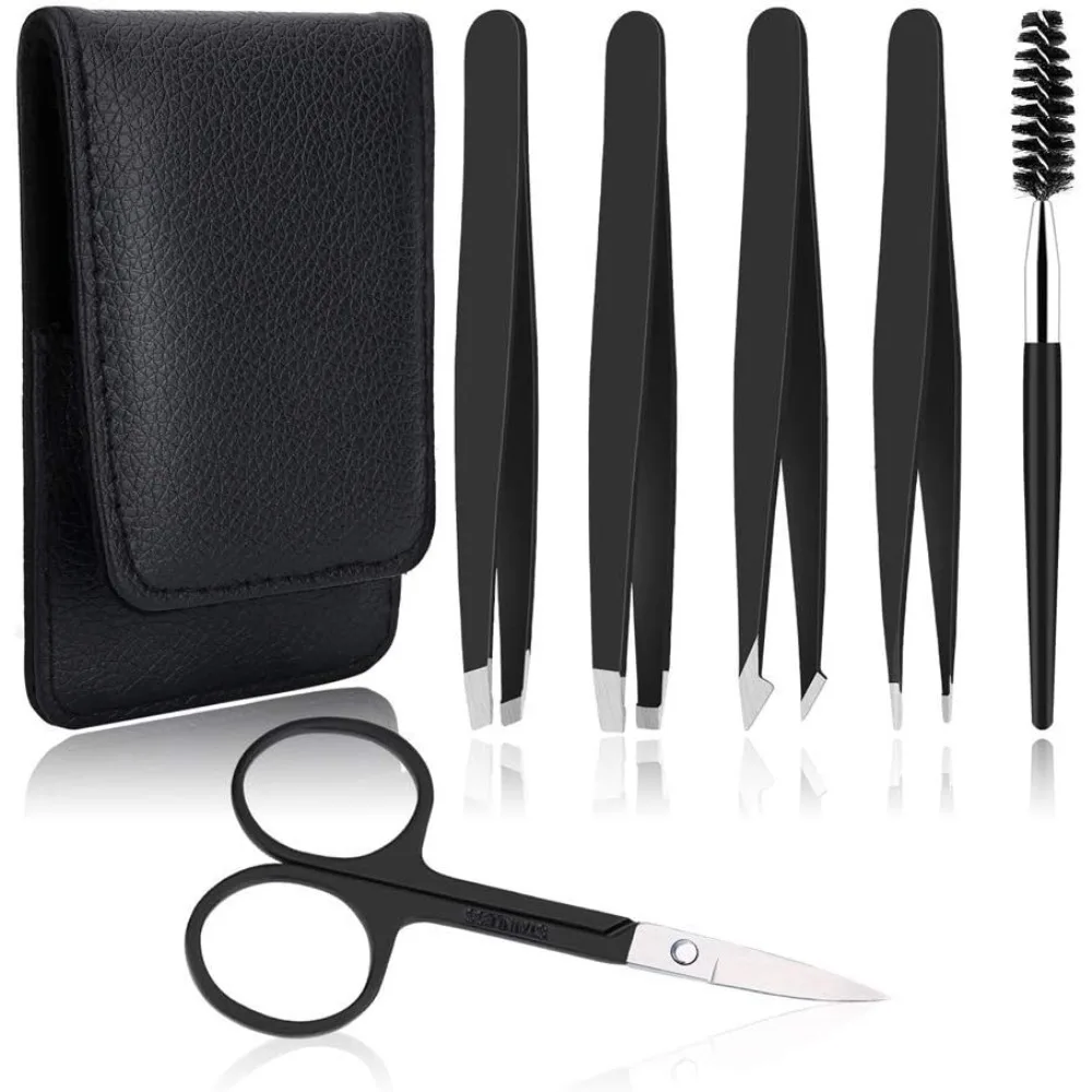 Professional Stainless Steel Tweezers Set of 6 Precision Tools for Eyebrows Facial Hair Ingrown Hair Splinter Removal with Travel Case Black