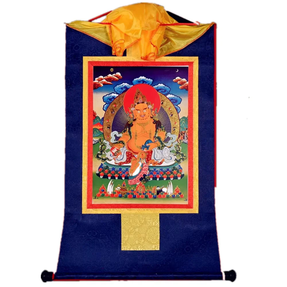 Tibetan Yellow Jambhala Gilt Thangka Attract Wealth and Fortune for Home Shop Decor