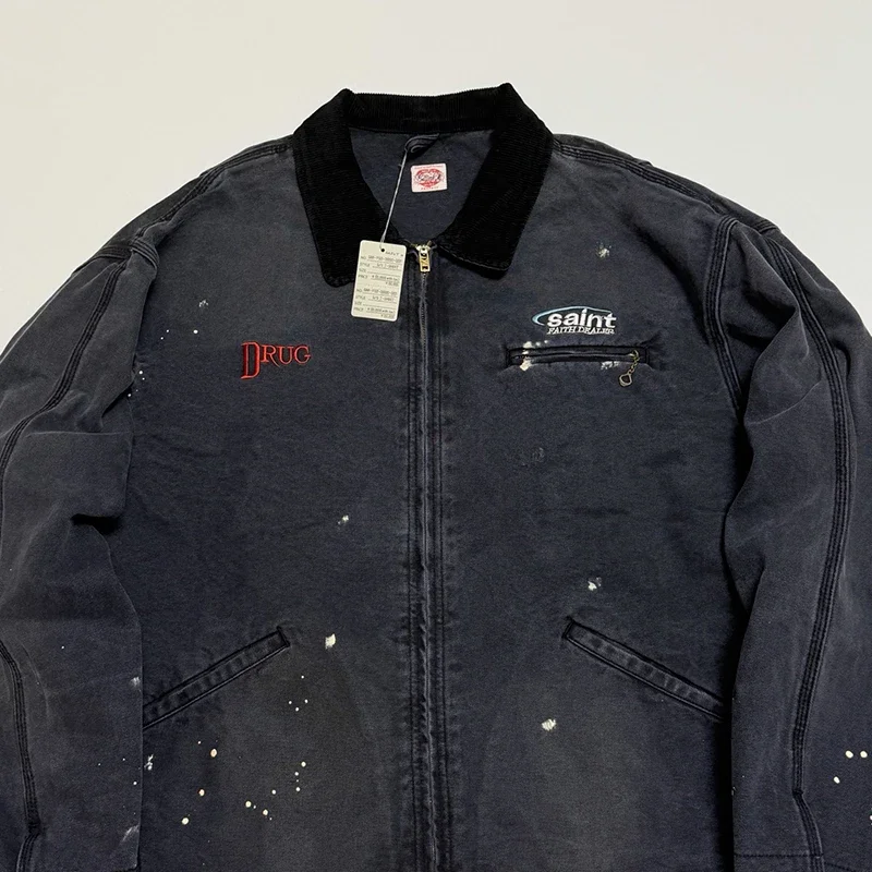 

High Quality Street Fashion SSSAINT Vintage Washed Letter Embroidery Detroit Style Jacket Splashed Ink Frayed Thick Zipper Coats