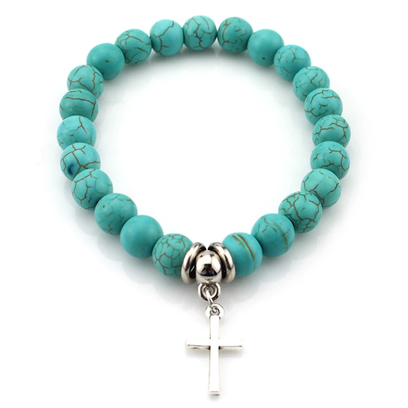 FTCY Women Bohemian Beaded Bracelet Fashion Turquoise Natural Stone Anti-Stress Yoga Geometric Pendant Elastic Cord Hand Chains