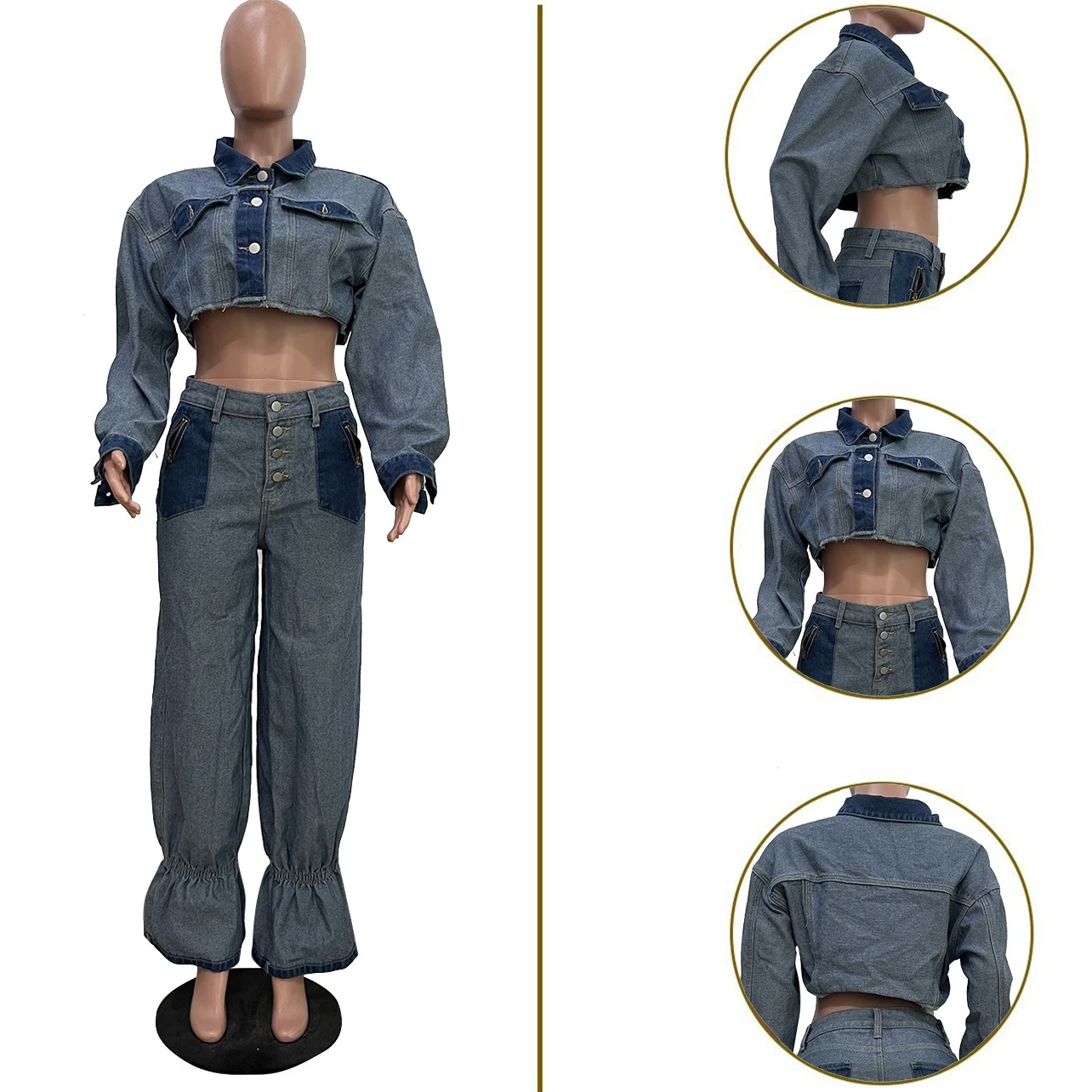 

2026 Two Pieces Women Denim Pant Sets Solid Matching Set Long Sleeves Short Coat High Waist Wide Leg Pants Loose Casual Autumn