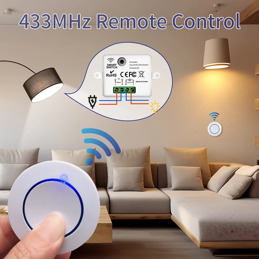 RF 433MHz Wireless Light Switch 10A Relay Controller Mini Round Button Wall Panel Switch Remote Control For LED Lamp AC100-240V