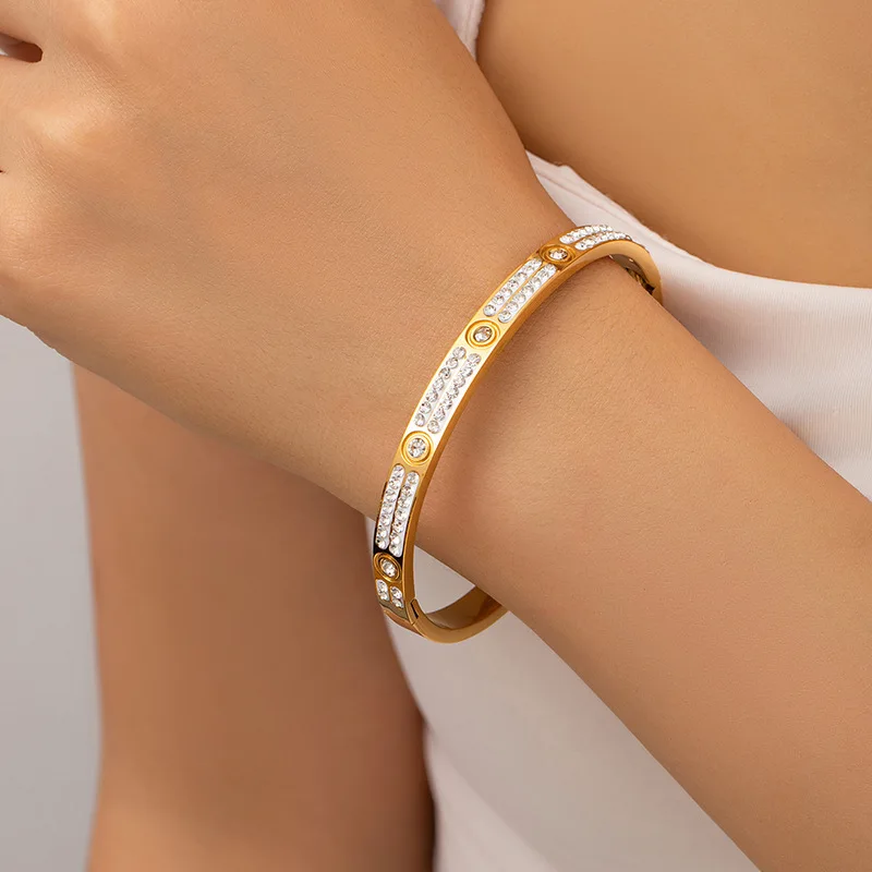 Women Bangle, Titanium Steel Wristband, Stainless Steel Sparkling Rhinestone Fashion Jewelry for Ladies view 4
