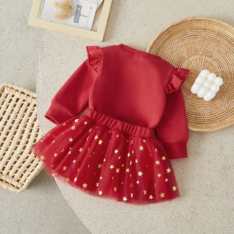 Suefunskry Baby Girl Christmas Outfit, Long Sleeve Christmas Tree/Santa Claus Embroidery Sweatshirt with Stars Tulle Skirt Set