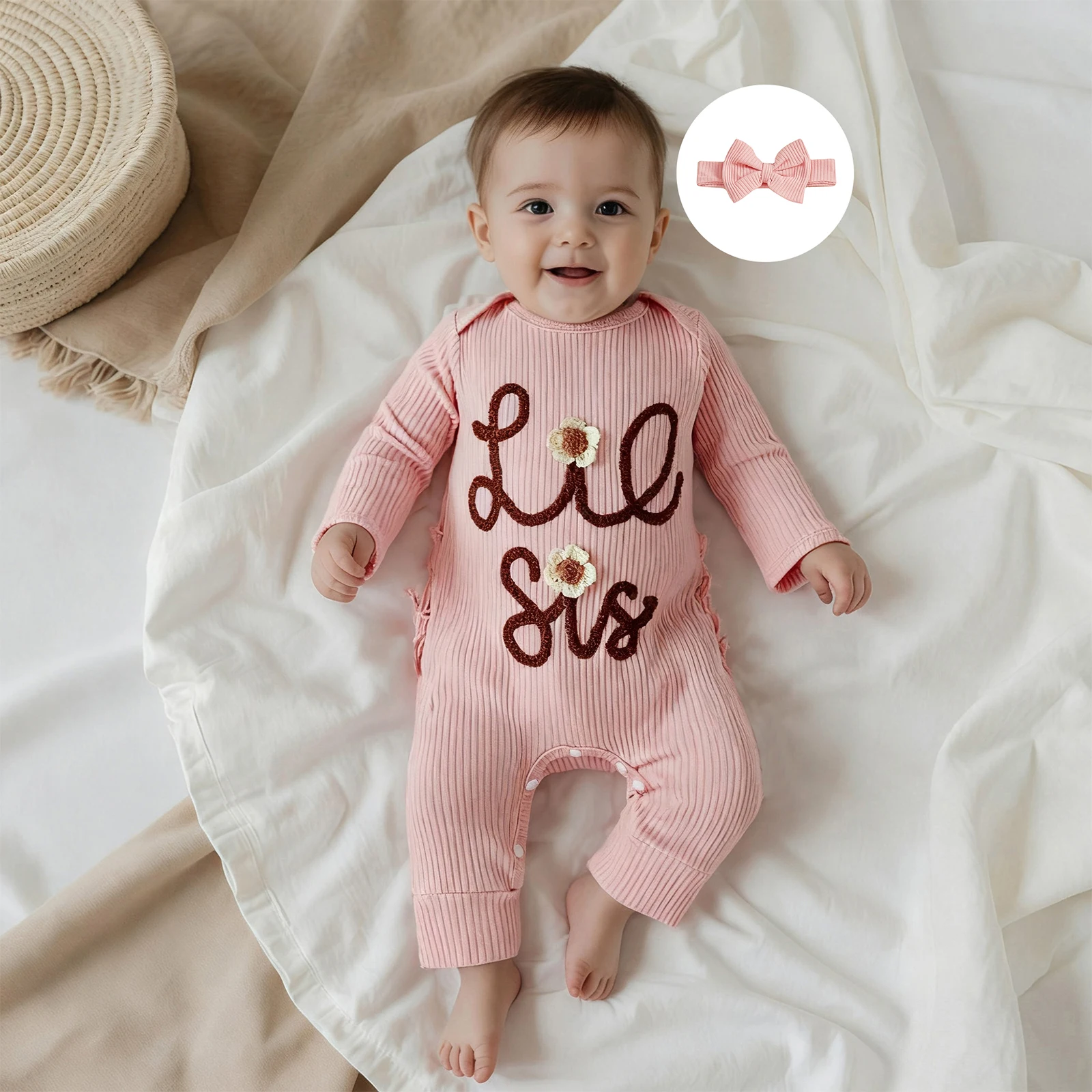 

Одежда для малышей, осенний комбинезон для девочек, комбинезон с круглым вырезом и цветочной вышивкой, одежда для новорожденных