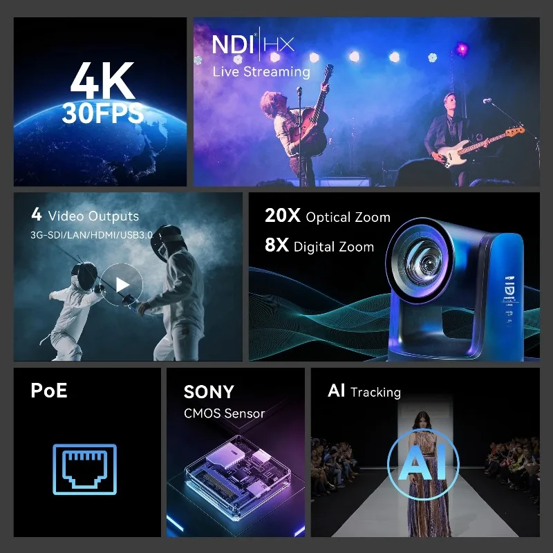 4K PTZ Conference Cam-era VHD630A-4K 30x Zoom Auto Tracking Auto Framing USB3.0/H-DMI Video Camera Live Stream for YouTube